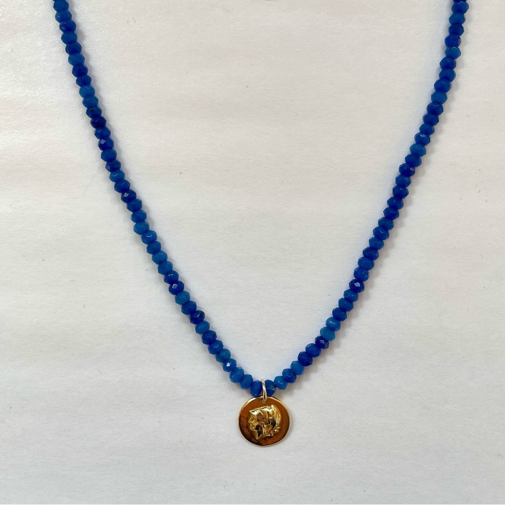 Greek Gold Coin Athena Pendant on Lapis Lazuli Beaded Necklace, NWT
